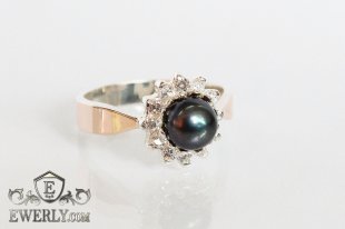Серебряное кольцо - звезда с чёрным жемчугом (фианит), фото